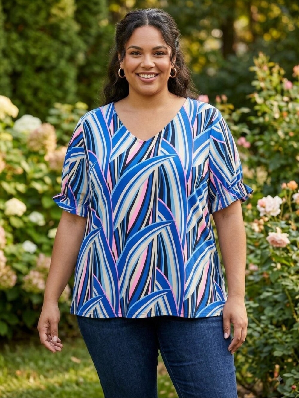 Sew In Love Blue, Pink & Cream Printed V-Neck Blouse